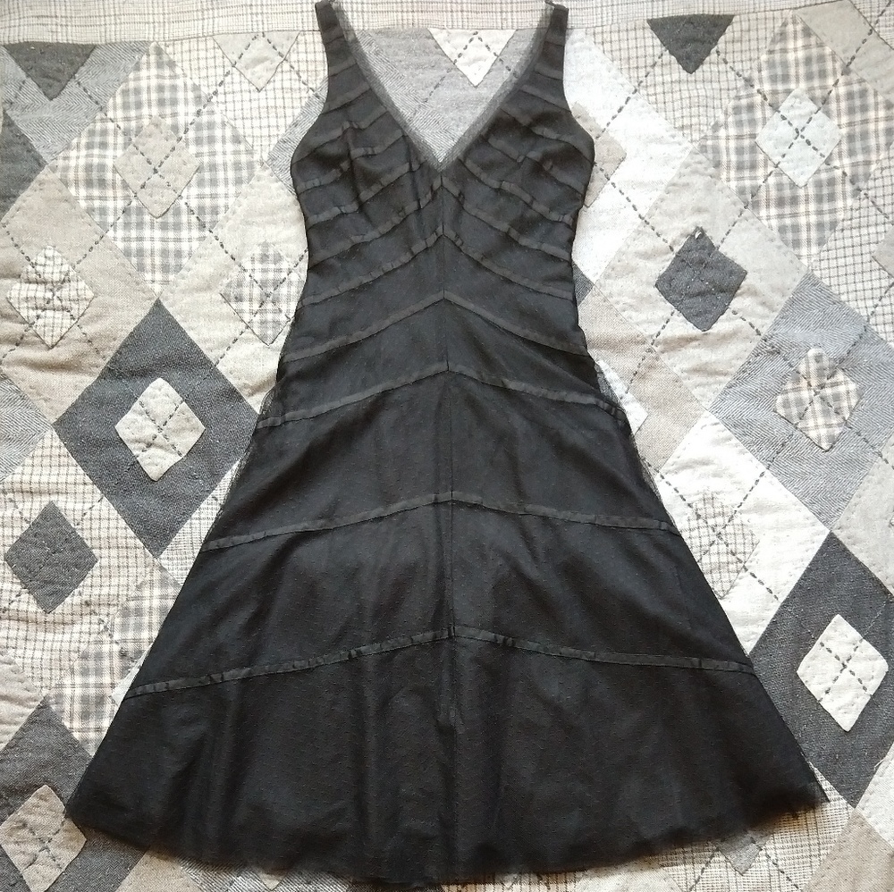 BCBG Tulle Tonal Stripe Deep V Gown